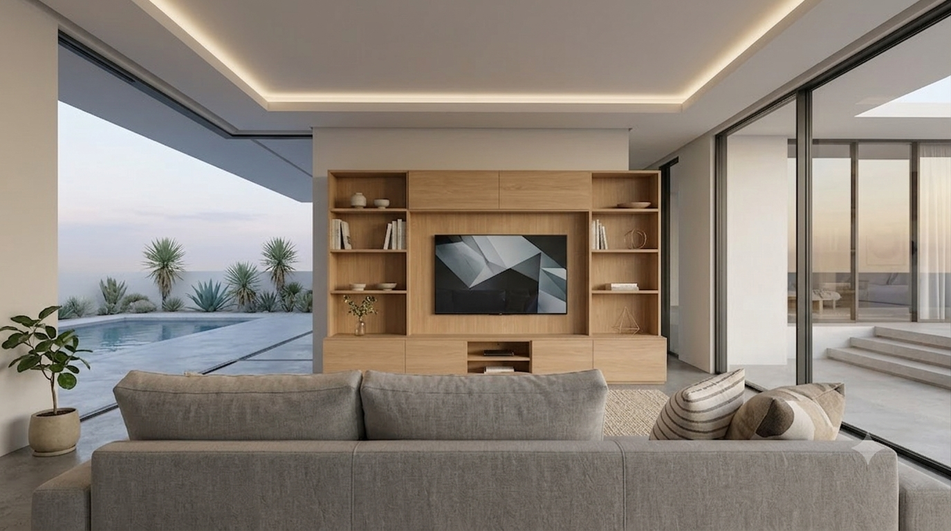 Nova — Living Room, Scandinavian — oak media wall