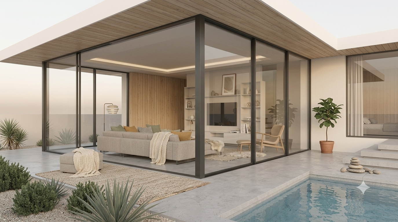 Nova — Living Room, Scandinavian — timber soffit over the terrace